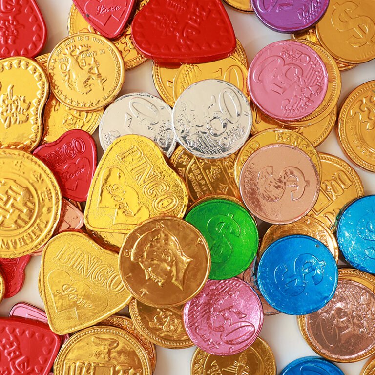 Gold, silver and coloured foil-wrapped chocolate coins and hearts