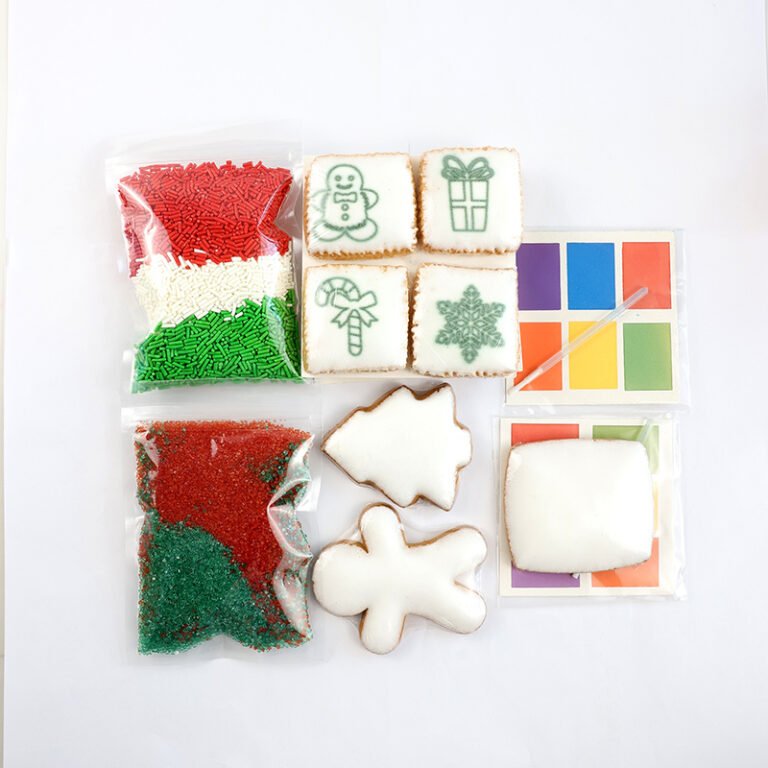 Cookie decorating kit with sprinkles, iced cookies and colour palette cards