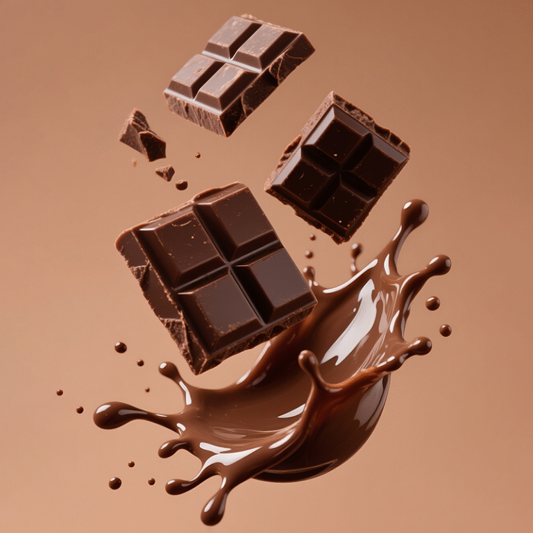 Chocolate pieces breaking over a dark chocolate splash
