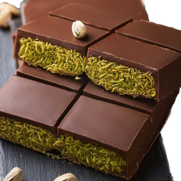 Dubai-style chocolate bar cut to show pistachio kunafa filling