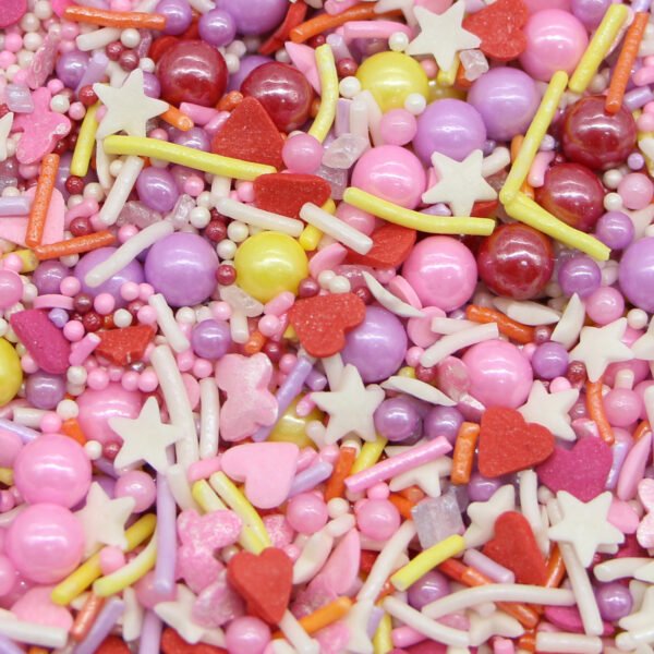Valentine's Day holiday sprinkle mix with red hearts, white stars and pink pearls