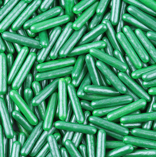 Green pearlescent sugar rods with fine shimmer finish for luxury desserts and special occasions