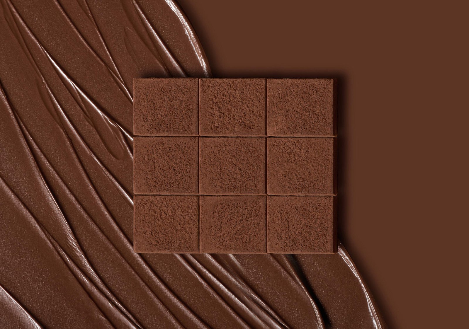 Square of cocoa-dusted chocolate on a swirl of glossy chocolate spread