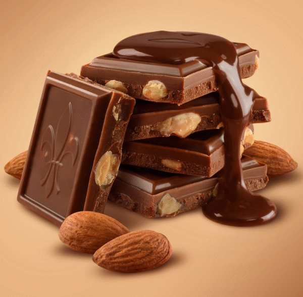 Stacked milk chocolate pieces with whole almonds and a chocolate pour