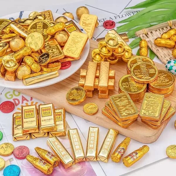 Gold foil chocolate coins and gold bars for Chinese New Year