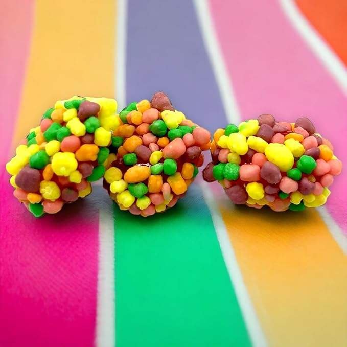 Sour sanded gummy rings, peach gummies and two-tone sour gummies
