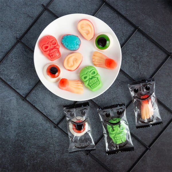 Halloween gummies shaped as skulls, eyeballs, ears and feet with individual wrappers