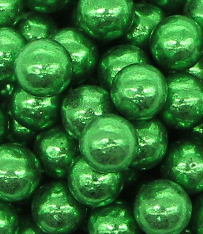 Green metallic sugar pearls showing a custom-colour metallic finish