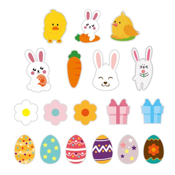 Easter royal icing decorations: bunnies, chicks, carrots, flowers and decorated eggs