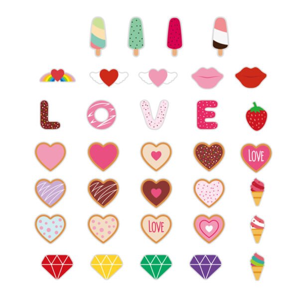 Valentine's Day royal icing decorations: hearts, LOVE letters, lips and winged hearts