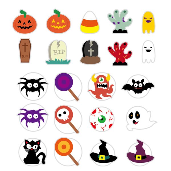 Halloween royal icing decorations: pumpkins, ghosts, black cats, bats and witch hats