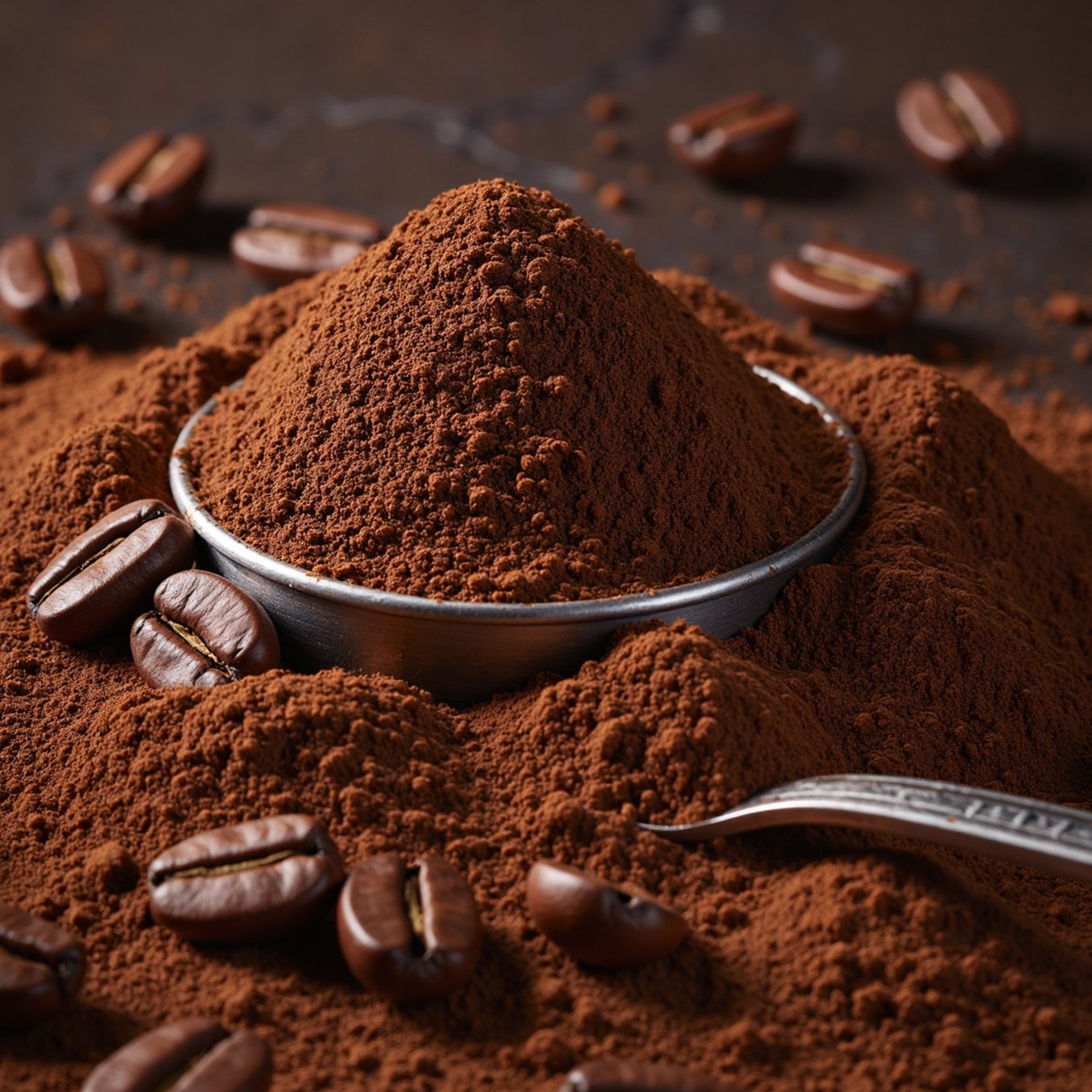 Dark chocolate pieces with cocoa beans and cocoa powder