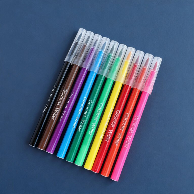 Set of ten colourful edible food writer pens on a navy background