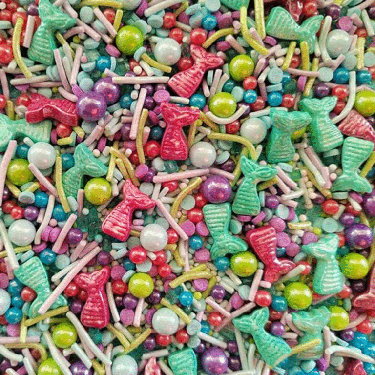 Mermaid-tail holiday sprinkle mix with teal, pink, purple and green pearls and rods
