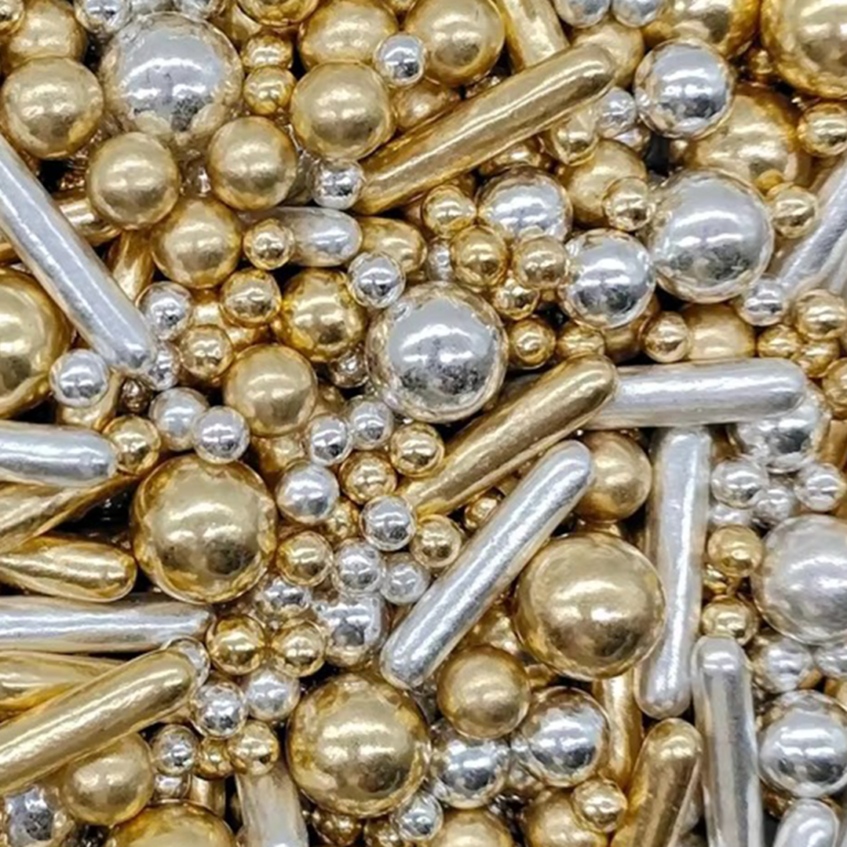 Golden celebration sprinkle mix with metallic gold and silver pearls and rods