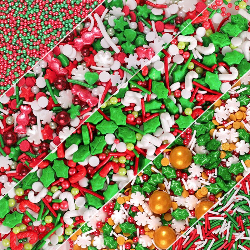 Christmas colour palette sprinkle mix in red, green, white and gold with holly and snowflake shapes