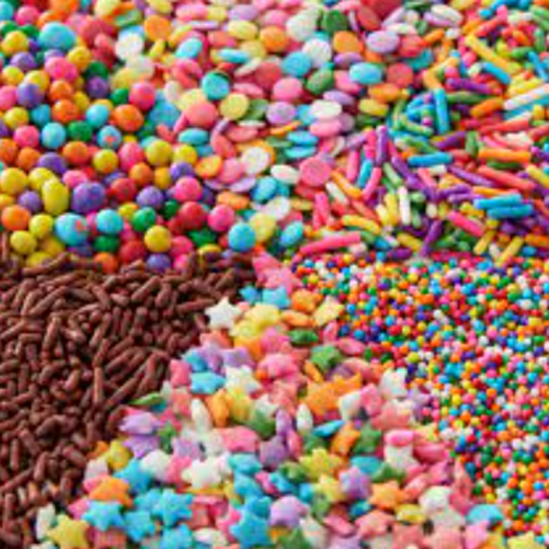 Base component options for a sprinkle mix: rainbow jimmies, nonpareils, confetti and star shapes in four groups