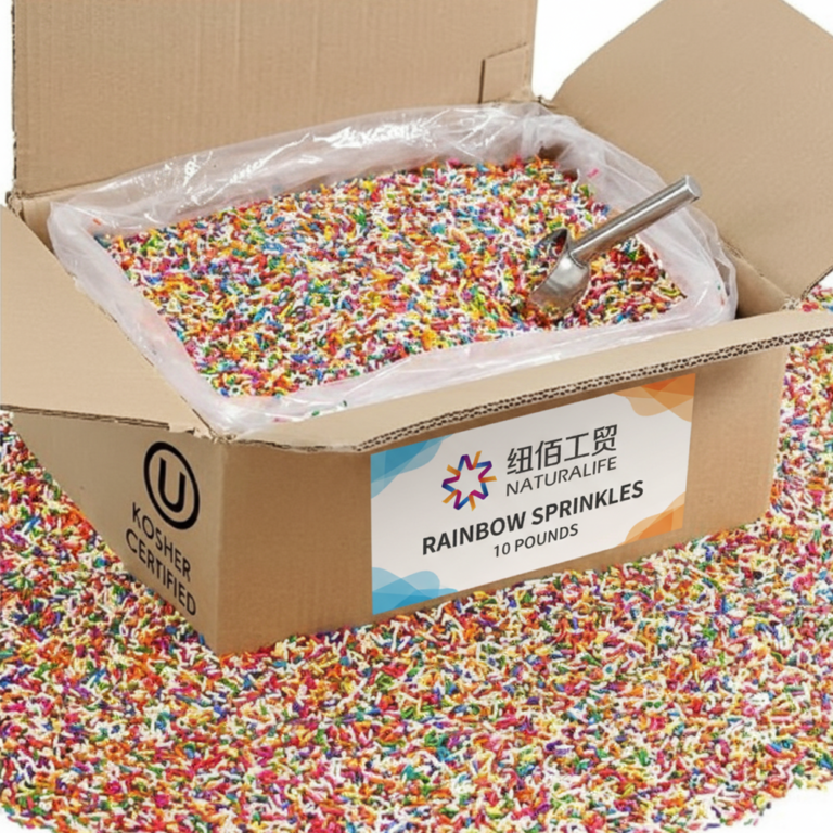 Bulk carton of rainbow sprinkles with inner liner bag and scoop for bakery and foodservice use