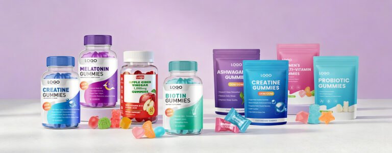 Private label gummy supplement bottles and pouches