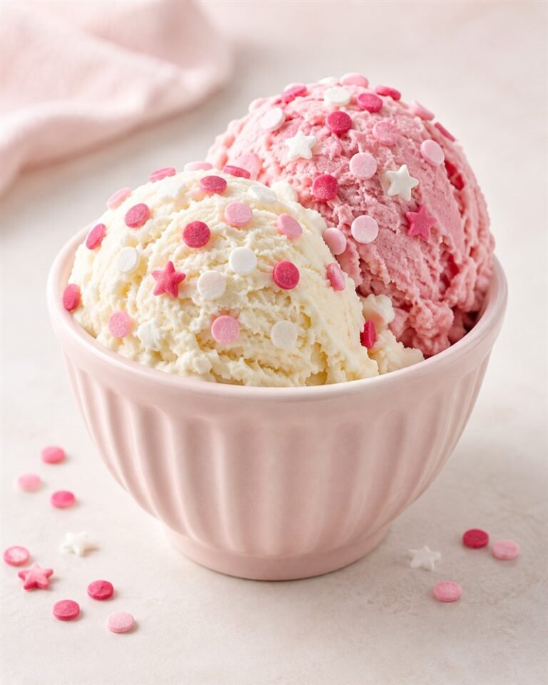 Vanilla and strawberry ice cream topped with pink and white confetti sprinkles