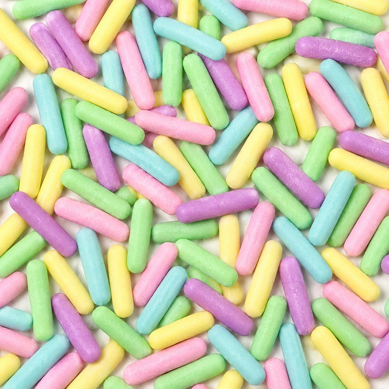 Pastel matte sugar rod sprinkles in pink, yellow, mint, blue and lavender