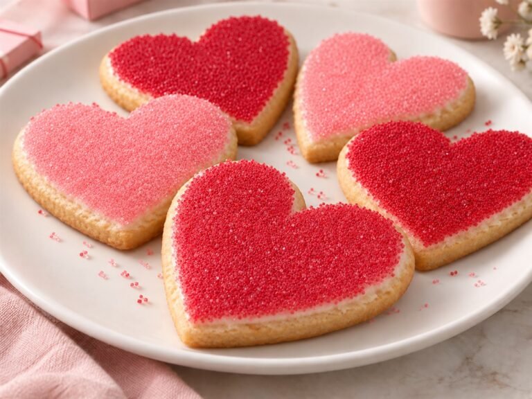 Heart-shaped cookies coated in pink and red sanding sugar