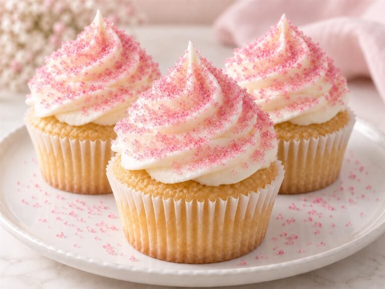 Vanilla cupcakes topped with pink sanding sugar