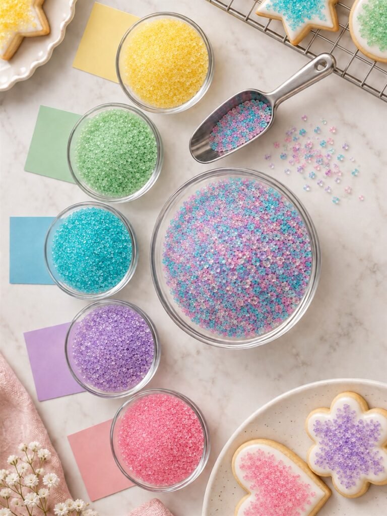 Bowls of pastel sanding sugar in yellow, green, aqua, lilac and pink with colour swatches