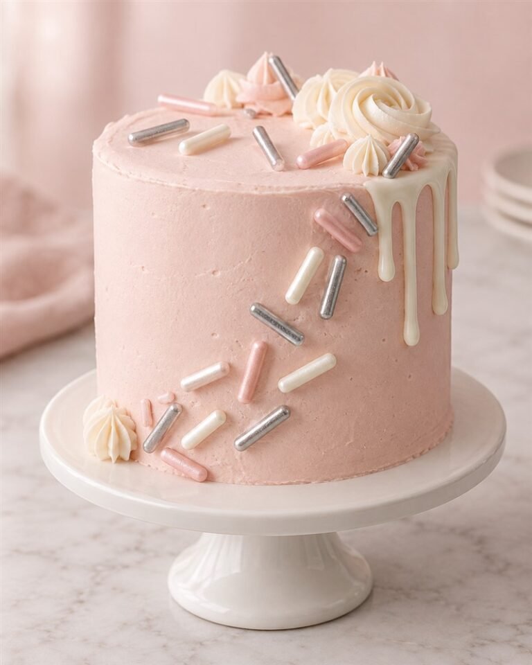 Pink buttercream cake decorated with pastel and silver sugar rods