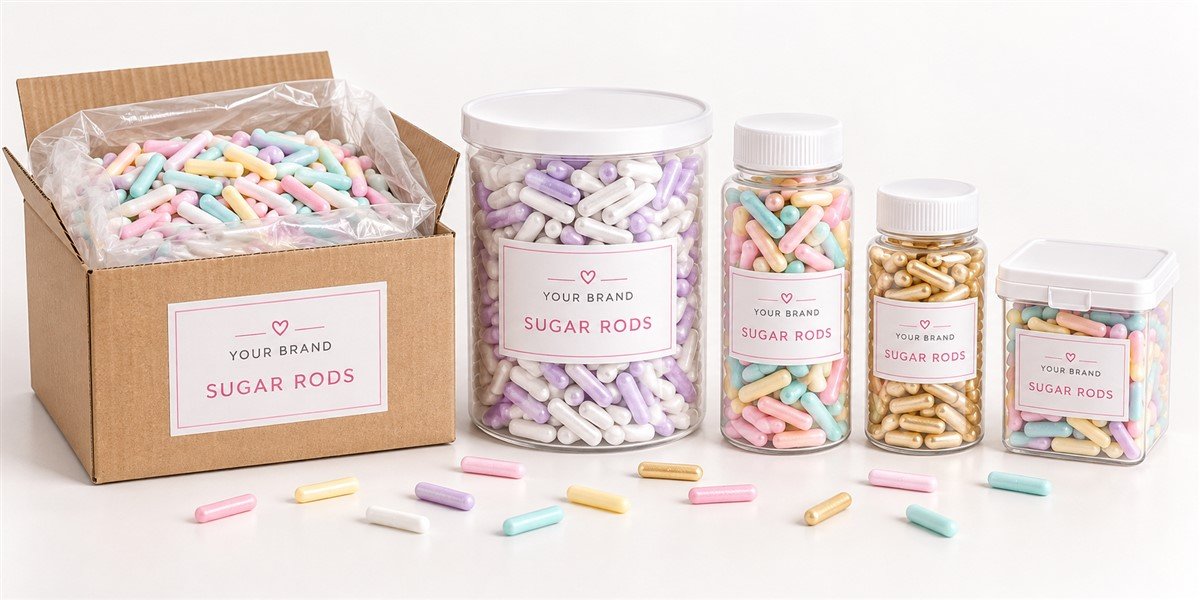 Sprinkle packaging formats: kraft bulk bag, carton, pail, retail bottles and stand-up pouch