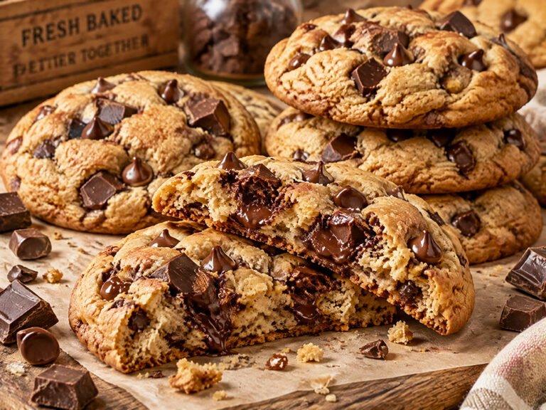 Chocolate chip cookies and muffin on a wooden tray