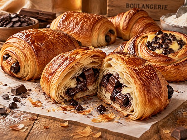 Croissants and pastries filled with chocolate